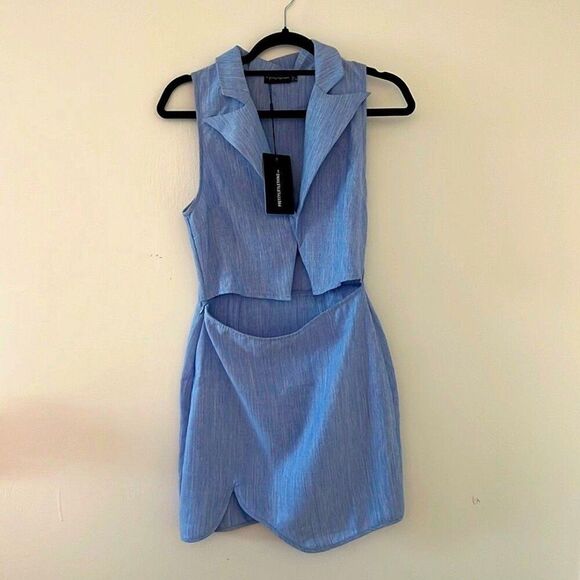 NWT PLT | Blue Linen Look Vest Style Cut Out Bodycon | Size 10 - Picture 3 of 11